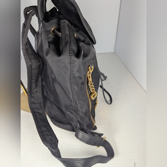 MOSCHINO Black Nylon Leather Trim Backpack Gold-tone Logo - Picture 3 of 14